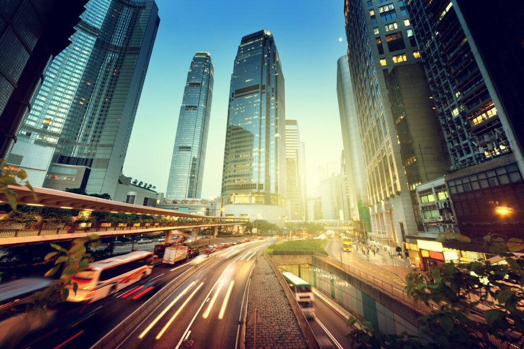 traffic in Hong Kong at sunset time